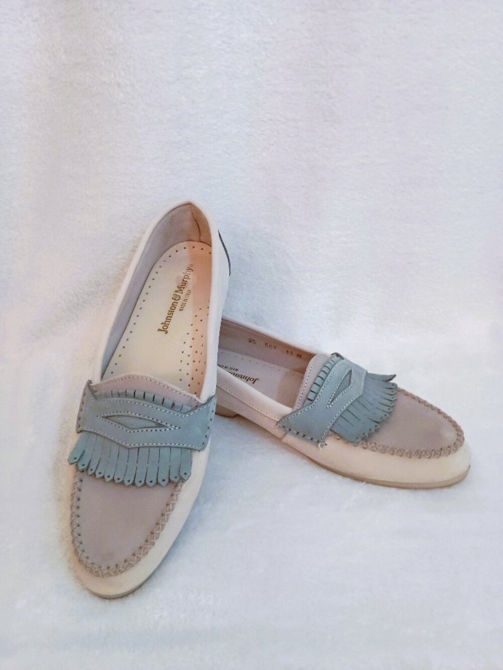 Johnston and Murphy Loafers Sz 11 M Italy Cream Gray Blue Nubuck Leather